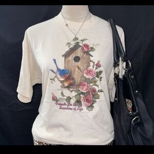 Vintage Floral Birdhouse Graphic T-Shirt grandma top